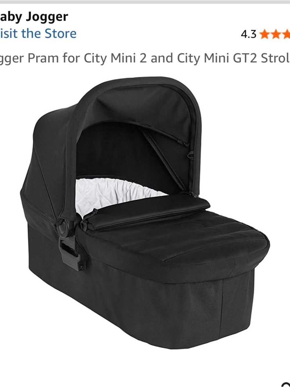 Baby Jogger Black Bassinet for City Mini Strollers with stroller attachments